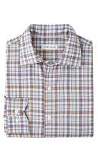 WAYNESVILLE PERFORMANCE FLANNEL SPORT SHIRT with long sleeves and a brown, blue, and beige plaid print-novaman
