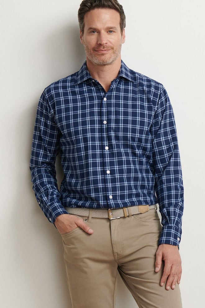 MYSTIC PERFORMANCE FLANNEL SPORT SHIRT with a dark navy and white plaid print and long sleeves-novaman