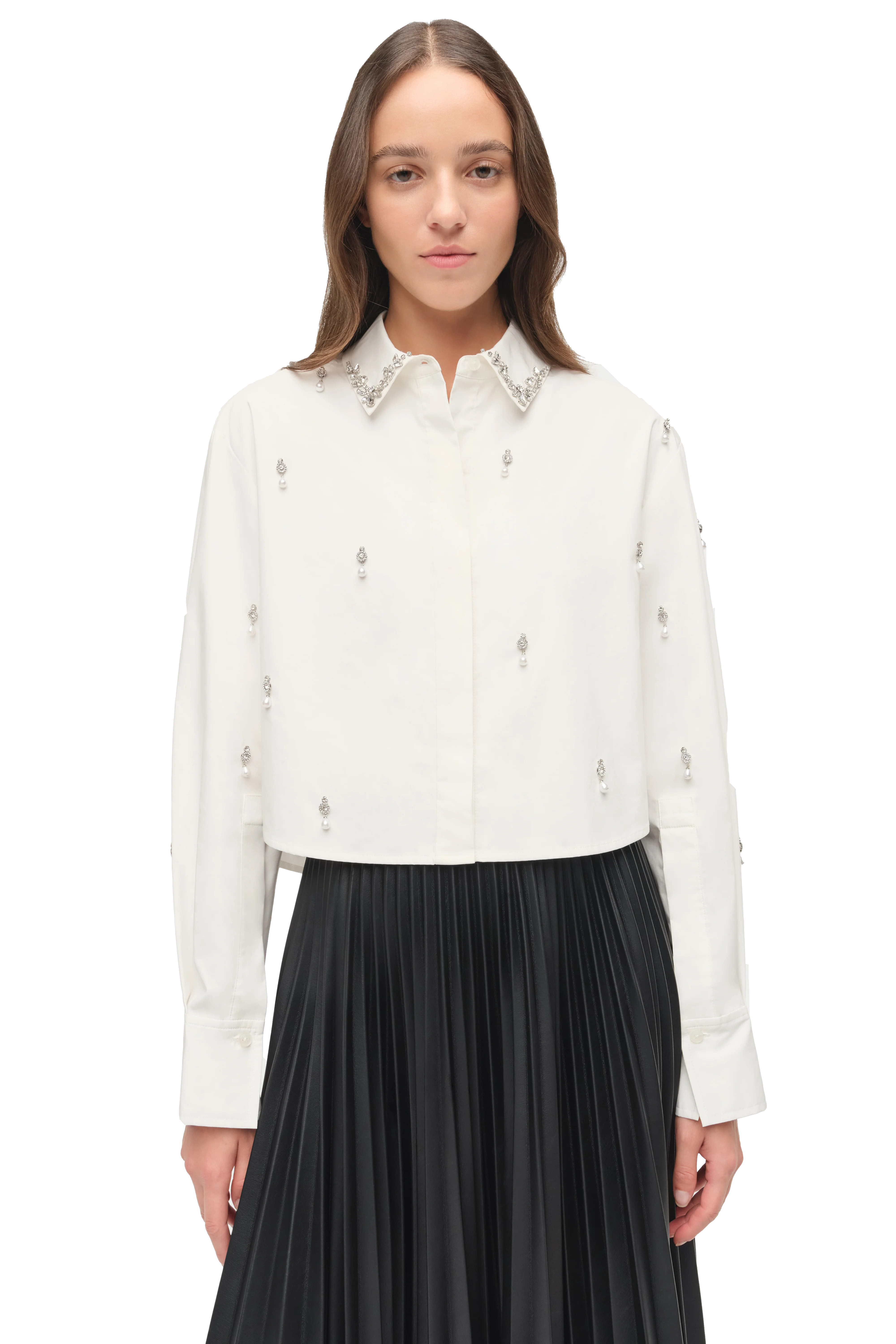 RENATA EMBELLISHED CROPPED BUTTON DOWN SHIRT - Blouses - Sassanova