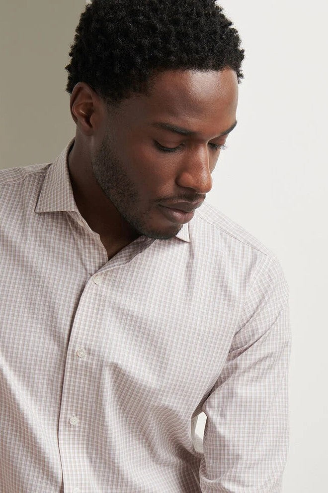 TORINO COTTON SPORT SHIRT with long sleeves and a white and light brown plaid print-novaman