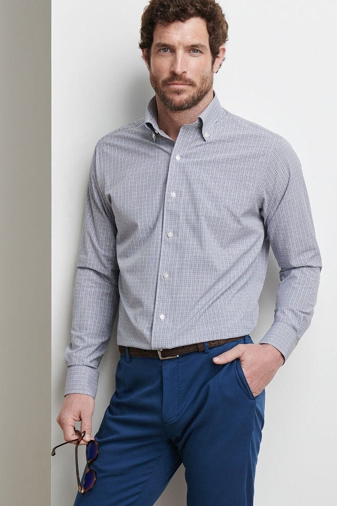 PORTER POPLIN SPORT SHIRT with white buttons, blue and white plaid print, and long sleeves-novaman