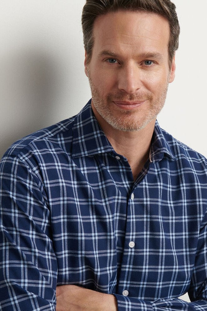 MYSTIC PERFORMANCE FLANNEL SPORT SHIRT with a dark navy and white plaid print and long sleeves-novaman