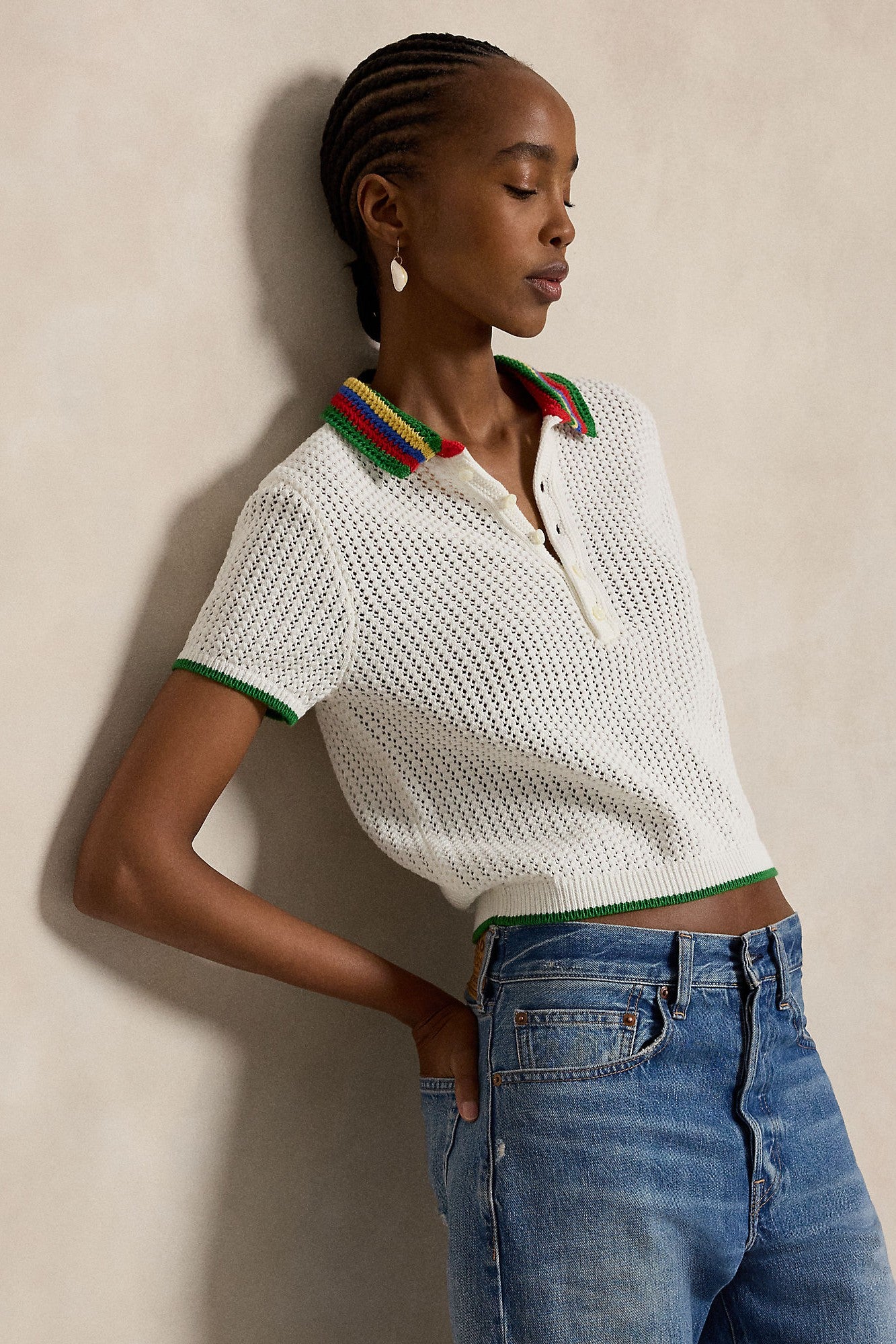 POINTELLE TIPPED SHORT SLEEVE POLO SWEATER - Sweaters - Sassanova
