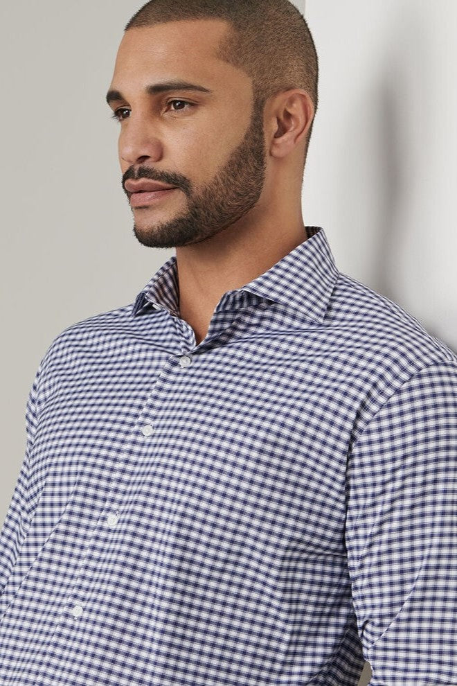 FAIRBANKS TWILL SPORT SHIRT with long sleeves and navy and white plaid print-novaman