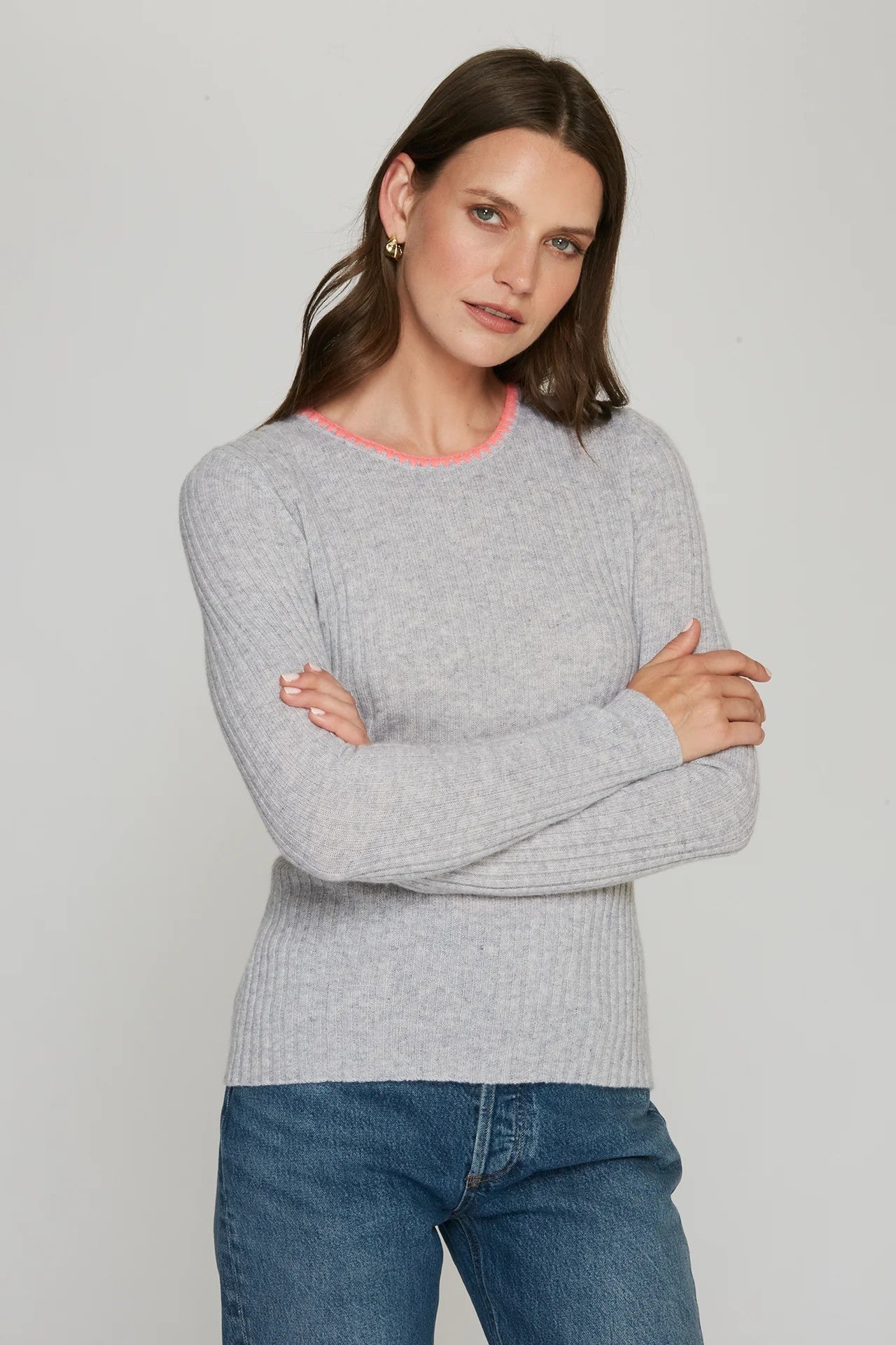 RIB CREW W/ BLANKET STITCH NECKLINE - Sweaters - Sassanova