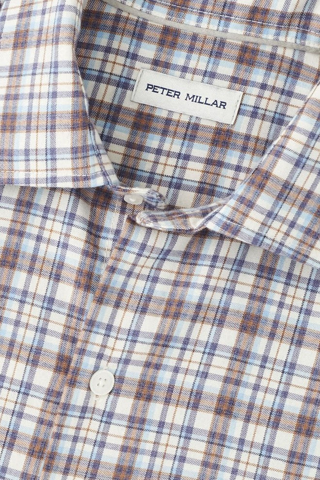 WAYNESVILLE PERFORMANCE FLANNEL SPORT SHIRT with long sleeves and a brown, blue, and beige plaid print-novaman