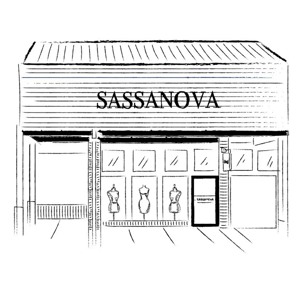 Black and white line art illustration of a storefront with the name SASSANOVA prominently displayed above the entrance and window display.