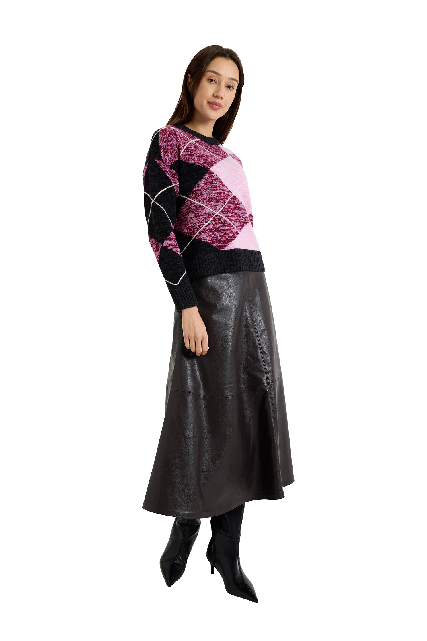 Long sleeved argyle crewneck sweater with mauve, pink, black, and white argyle print and black color blocked trim-sassanova