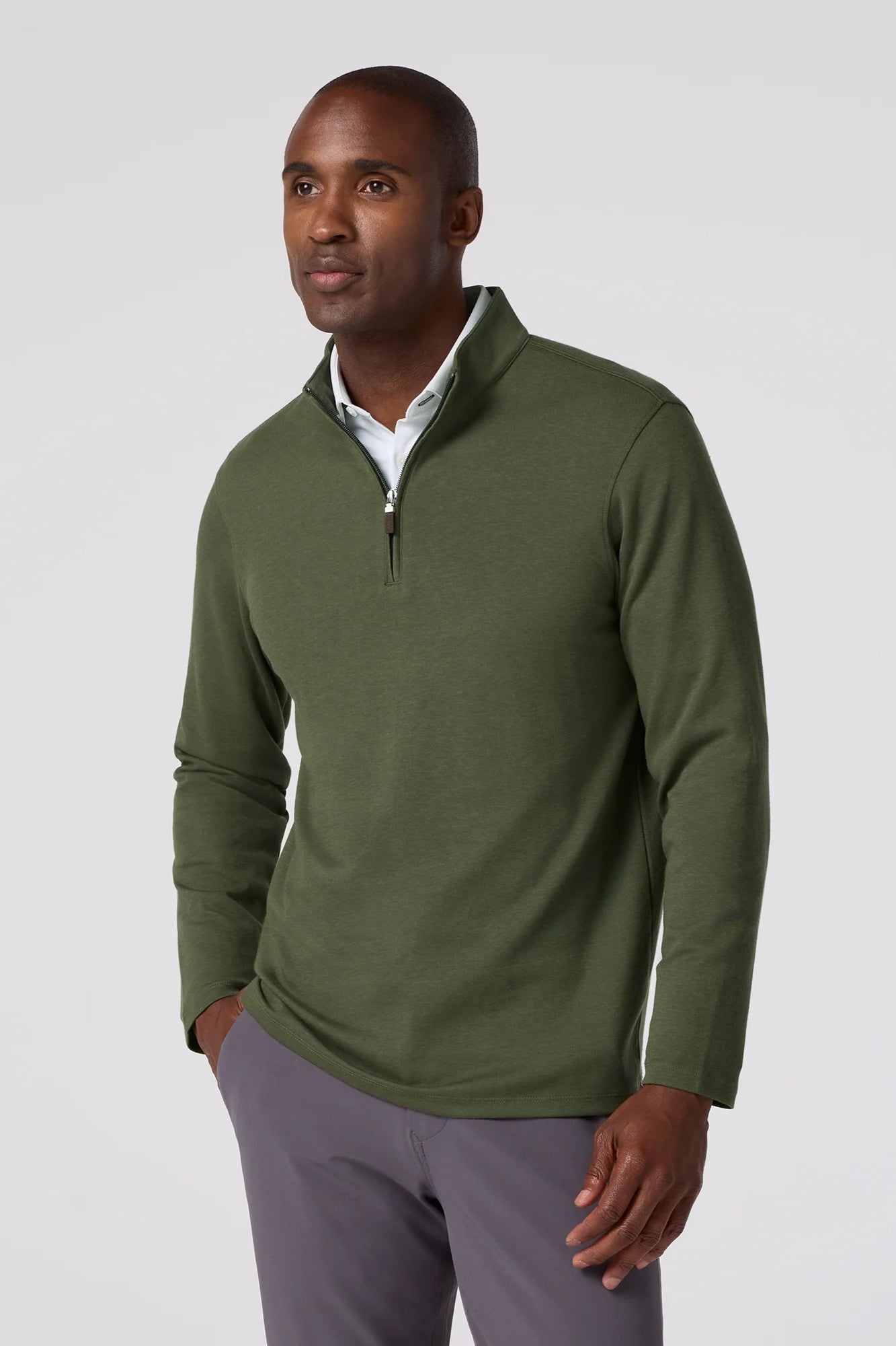 olive green long-sleeved sweater with quarter zip-novaman