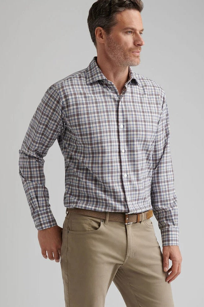 WAYNESVILLE PERFORMANCE FLANNEL SPORT SHIRT with long sleeves and a brown, blue, and beige plaid print-novaman