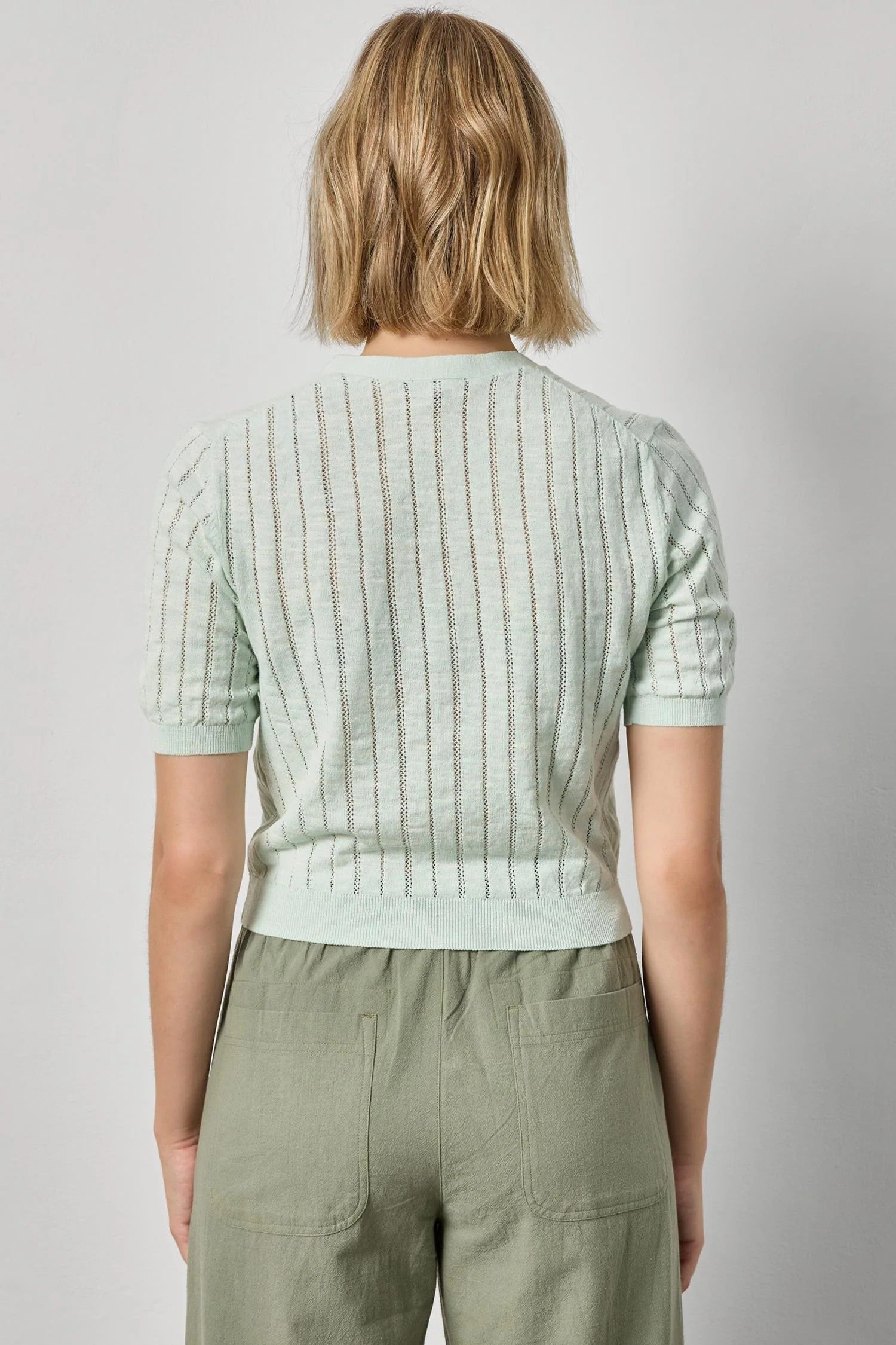 OPEN STITCH V-NECK SHORT SLEEVE CARDIGAN - Sweaters - Sassanova