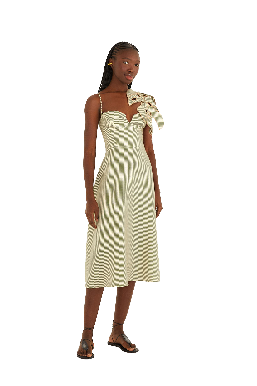 STRIPED MONSTERA LEAF SLEEVELESS MIDI DRESS - Dresses - Sassanova