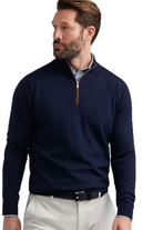 Autumn Crest suede trim sweater with quarter zip neckline in dark navy-novaman
