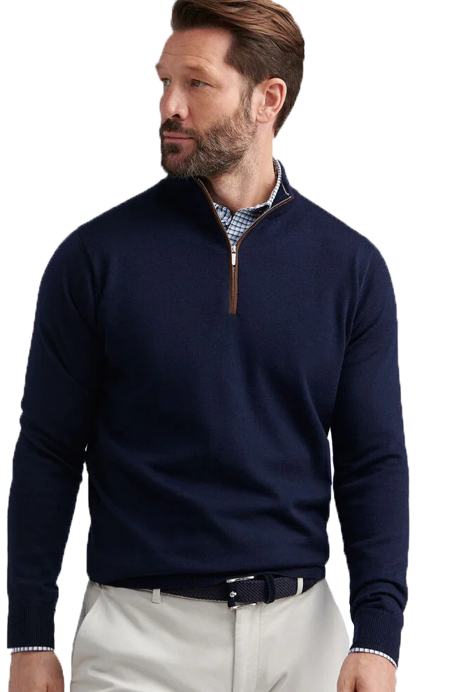 Autumn Crest suede trim sweater with quarter zip neckline in dark navy-novaman