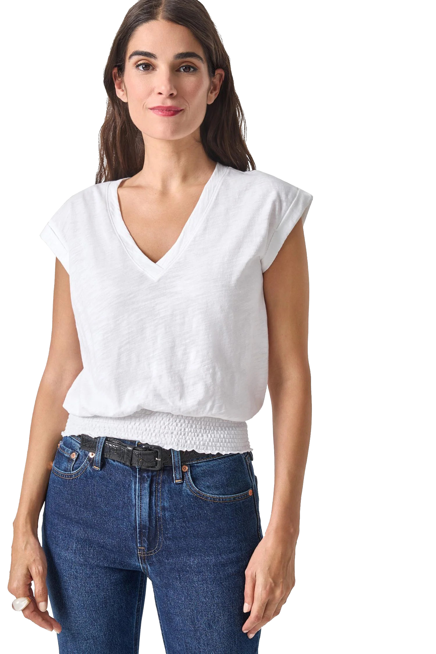 SMOCKED HEM V-NECK TEE - T-shirts - Sassanova