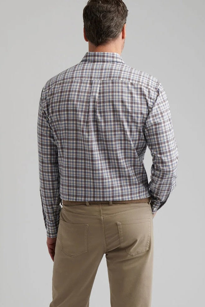 WAYNESVILLE PERFORMANCE FLANNEL SPORT SHIRT with long sleeves and a brown, blue, and beige plaid print-novaman