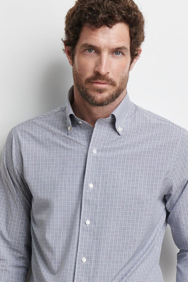 PORTER POPLIN SPORT SHIRT with white buttons, blue and white plaid print, and long sleeves-novaman
