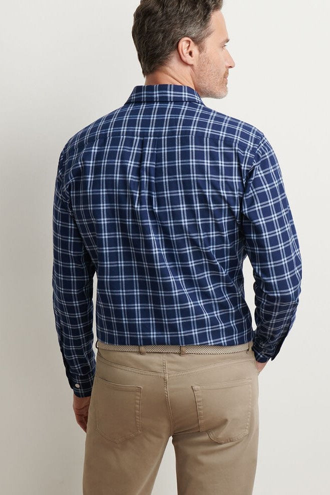 MYSTIC PERFORMANCE FLANNEL SPORT SHIRT with a dark navy and white plaid print and long sleeves-novaman