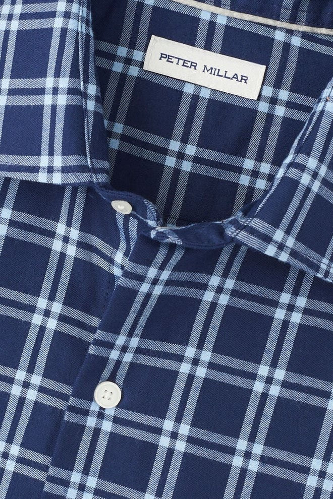 MYSTIC PERFORMANCE FLANNEL SPORT SHIRT with a dark navy and white plaid print and long sleeves-novaman