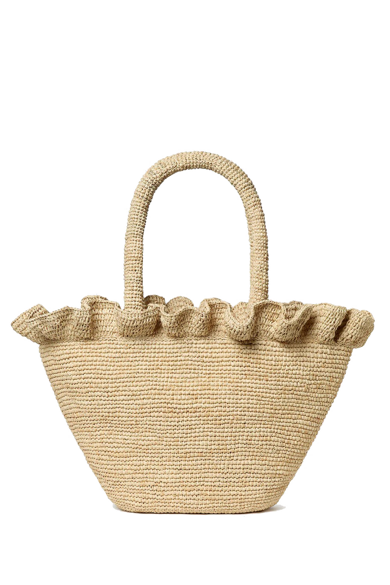 CYRUS RAFFIA WOVEN TOTE WITH RUFFLE