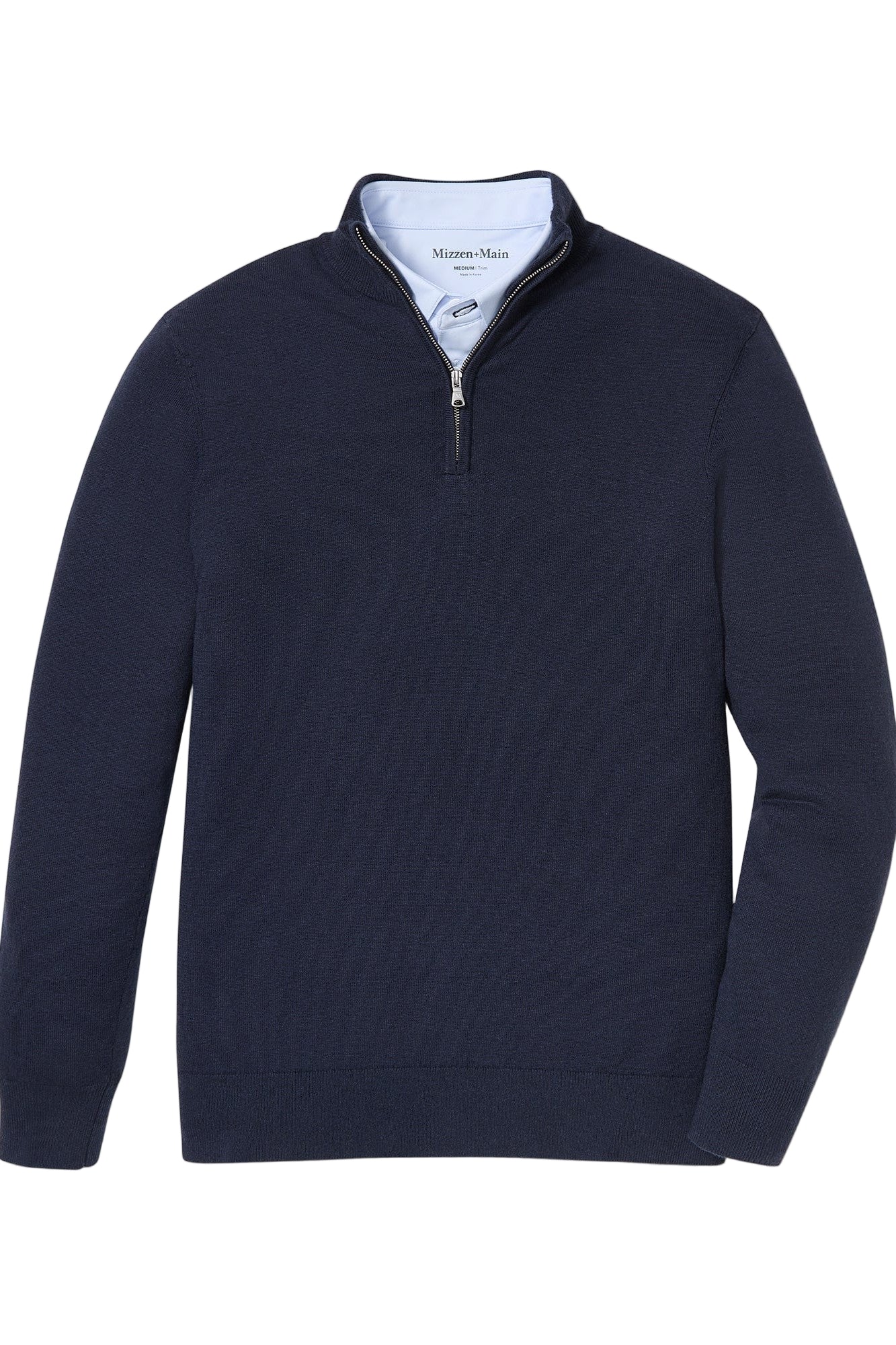 flat lay of long sleeved navy quarter zip sweater-novaman