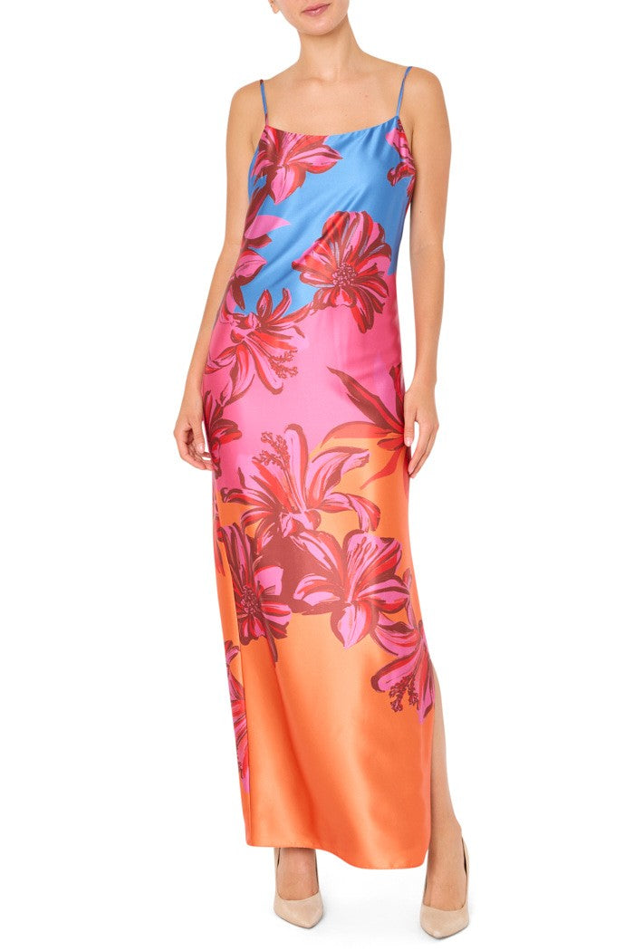 LILY SUNSET FLOWER PRINTED SATIN MAXI DRESS - Dresses - Sassanova