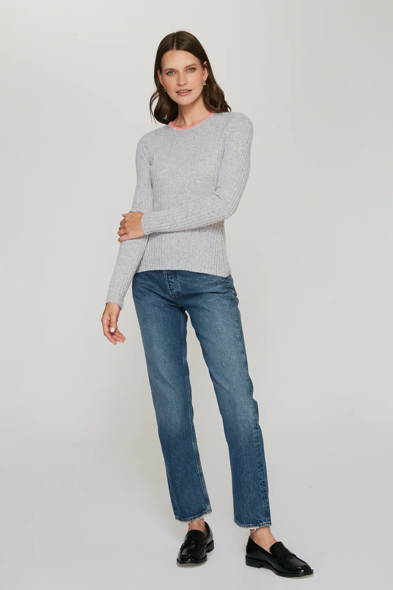 RIB CREW W/ BLANKET STITCH NECKLINE - Sweaters - Sassanova