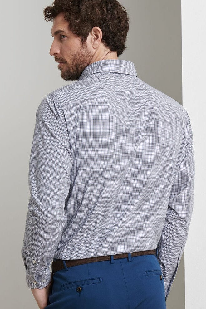 PORTER POPLIN SPORT SHIRT with white buttons, blue and white plaid print, and long sleeves-novaman