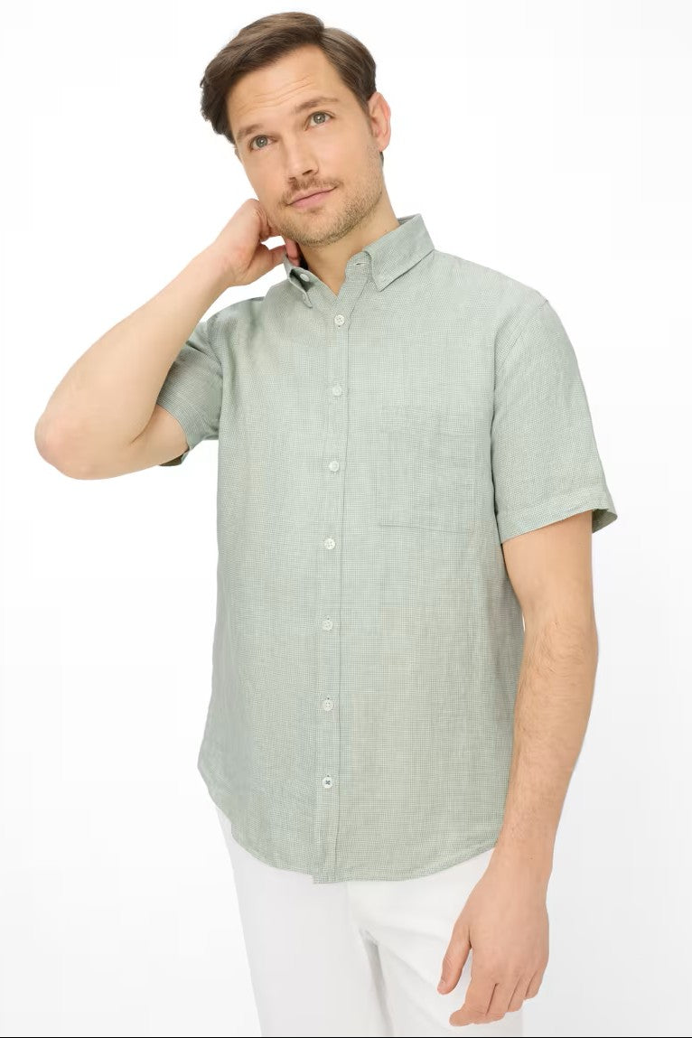 SHORT SLEEVE LINEN HOUNDSTOOTH SPORT SHIRT - Short Sleeved Shirts - Novaman