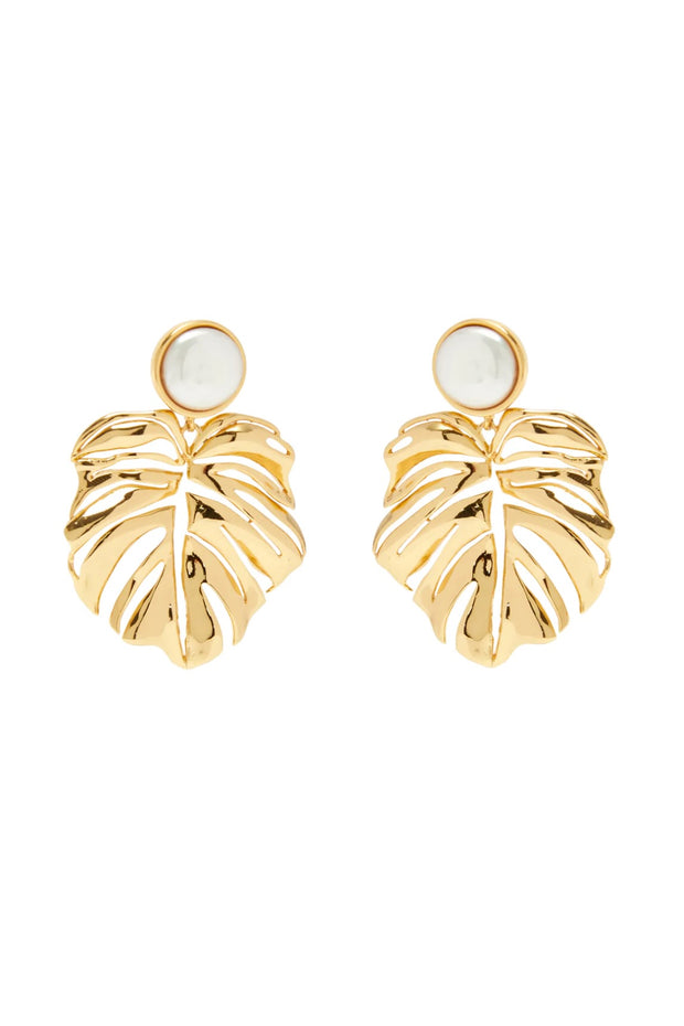 LUX PALM PEARL EARRINGS- WHT/GLD